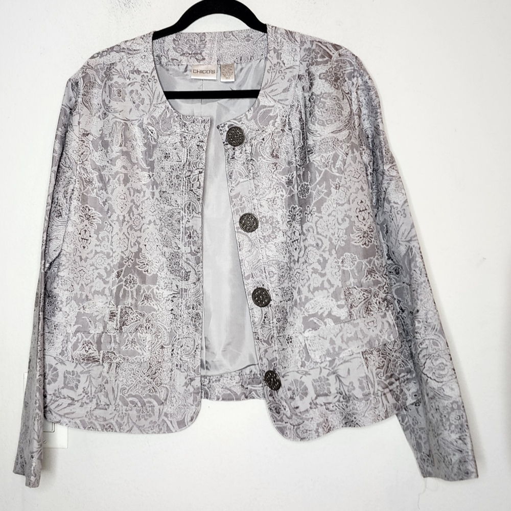 Chico's silk blend silver grey floral jacquard button front jacket size 2 large
